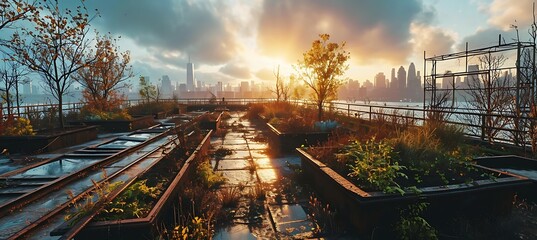 Urban Decay: Neglected Planters in a Desolate Rooftop Garden, Against the Backdrop of a Setting Sun and the Looming City Skyline in the Distance - obrazy, fototapety, plakaty