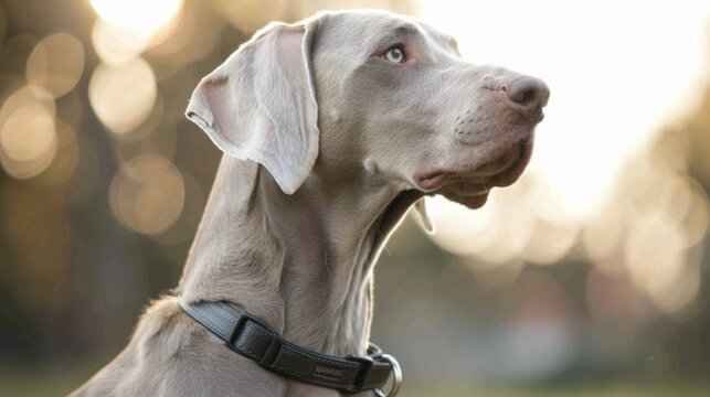 Weimaraner dog portrait capturing the breed's elegance and attentive gaze in nature
