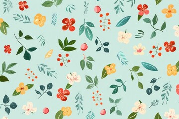 Floral and Leaf Seamless Pattern on Light Blue Background for Wrapping Gifts and Home Decor