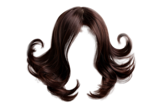 Stylish hair wig with trendy design isolated on background, front view, fashionable hairstyle concept.