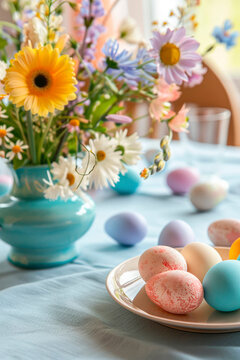 Easter eggs and flowers beautiful background. Selective focus.