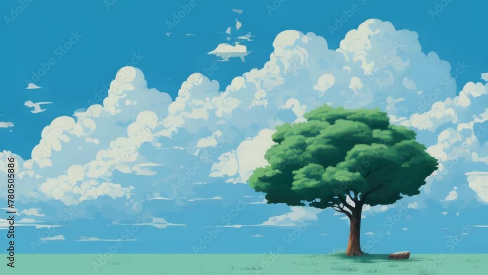 Poster a tree is in the middle of a field with a blue sky above it