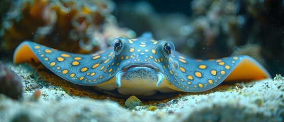 Observing blue spotted stingray in Ecuador coastal waters while scuba diving. Concept Scuba Diving, Blue Spotted Stingray, Ecuador, Coastal Waters, Marine Life - obrazy, fototapety, plakaty