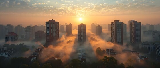 Urban Dawn: The Quiet Choke of Pollution. Concept Polluted City Sunrise, Environmental Impact, Urban Morning Haze, Air Quality Concerns