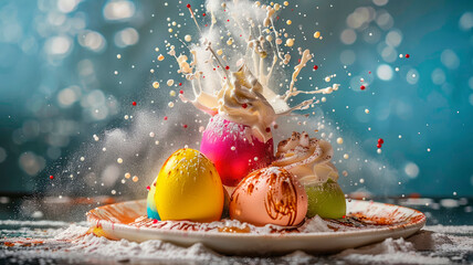 Beautiful Easter dessert and colorful eggs splash. Selective focus.