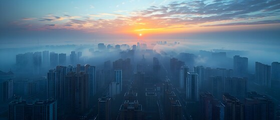 Urban Dawn: The Haze of Pollution. Concept Urban Pollution, Cityscape Photography, Environmental Awareness, Morning Light, Industrial Landscape