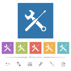 Wrench and screwdriver flat white icons in square backgrounds