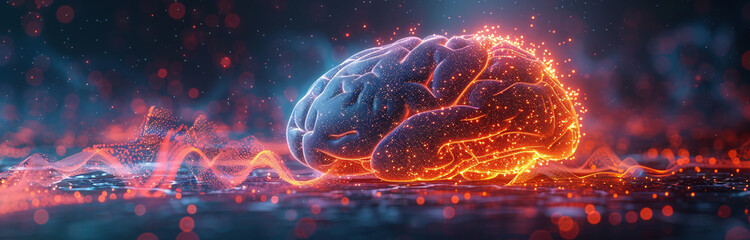 Digital concept of a glowing human brain with electrical impulses on a dark background, symbolizing neural activity, intelligence, and cognitive processes. - obrazy, fototapety, plakaty