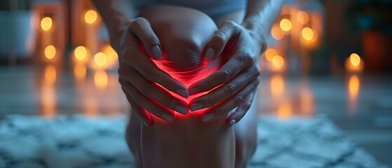 Hands Clasping an Aching Knee in Red Glow. Concept Photography, Pain, Red Light, Human Body, Aching Knee - obrazy, fototapety, plakaty