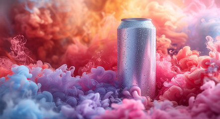 Aluminum can surrounded by vibrant pink and blue smoke with a dreamy, abstract background, suitable for concepts of refreshment, mystery, or creativity. - obrazy, fototapety, plakaty