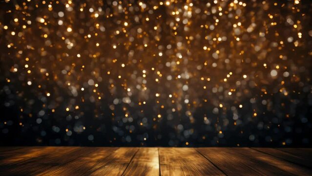 A wooden stage with a backdrop of glittering lights