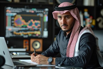 Middle Eastern businessman working at a modern desk with a computer screen in a traditional Arabian trading office environment