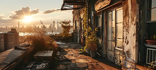 Silent Solitude: The Forgotten Rooftop Oasis in Urban Decay, Where Neglected Planters Echo the City's Distant Skyline, Under the Embrace of a Setting Sun - obrazy, fototapety, plakaty