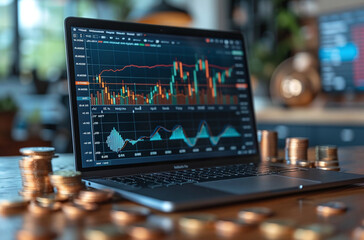 Laptop on a desk displaying financial charts with blurred background. Foreground shows scattered coins, suggesting investment or trading concept.