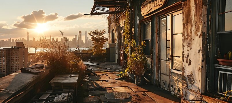 Silent Solitude: The Forgotten Rooftop Oasis in Urban Decay, Where Neglected Planters Echo the City's Distant Skyline, Under the Embrace of a Setting Sun
