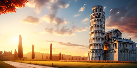 Fototapeta na wymiar Pisa's Architectural Splendor, Exploring the Magnificence of Its Historic Buildings, with the Leaning Tower as the Majestic Centerpiece, Set Against the Mesmerizing Canvas of a Sunrise Background