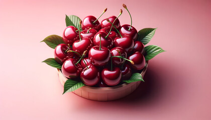 Elegant Basket of Ripe Cherries on Soft Pink Background - Freshness and Natural Beauty