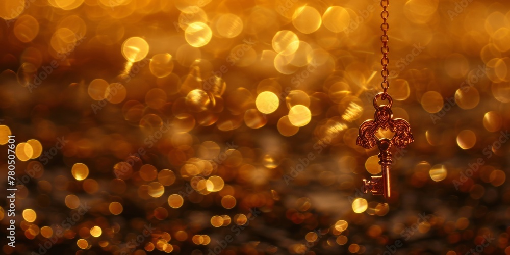 Poster shiny golden background with key hanging on chain