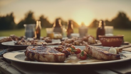 A sunset barbecue scene outdoors: grilled food sizzles on a table amidst summer ambiance.