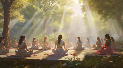 Group of woman doing yoga at park early in the morning, meditating in the park