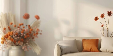 White Couch Beside Vase With Flowers