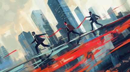 Businesspeople in dynamic motion tugging a rising graph line amidst abstract cityscape, Concept of teamwork, progress, and economic growth