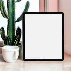 Tablet device with blank screen on a table with house plant and coffee cup mockup template background