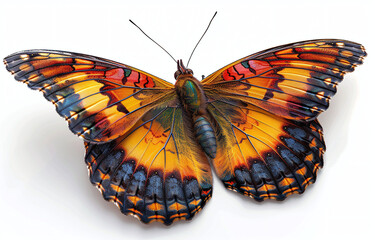 Vibrant monarch butterfly with open wings showcasing a spectrum of colors, isolated on a white...