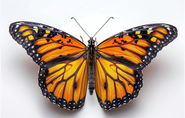 Fototapeta premium Vibrant monarch butterfly with open wings showcasing symmetrical patterns and vivid orange, black, and white colors, isolated on a white background.