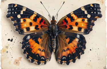 Close-up of a vibrant orange and black butterfly with intricate wing patterns, resting on a...