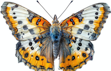 Close-up of a vibrant painted lady butterfly (Vanessa cardui) isolated on a white background,...