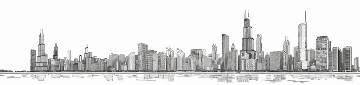 An hand drawn illustration sketch of a cityscape of a futuristic city with skyscrapers and buildings with a black pencil of white canvas, line art for architecture banner website, AI Generated.