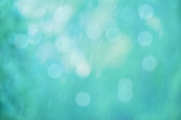Abstract green background with raindrops and bokeh. Spring Abstract Background