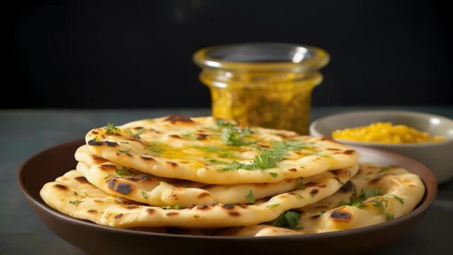 A plate of flatbreads with a jar of sauce next to it