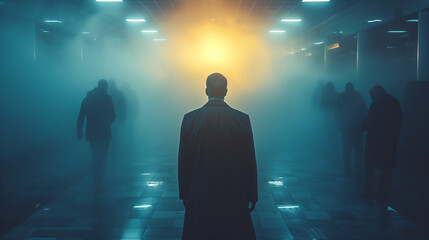 A man from behind in a dark fog and a light at the end of the tunnel - obrazy, fototapety, plakaty