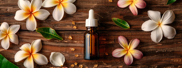 frangipani essential oil in a bottle. Selective focus. - obrazy, fototapety, plakaty
