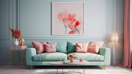 modern living room pastel theme pink sofa 