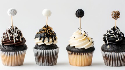 5 cupcakes with stick for toppers. white and black cupcake mock up on white background --ar 16:9 Job ID: e1a36c58-9dde-47cb-807f-e55fa0d261f3 - obrazy, fototapety, plakaty