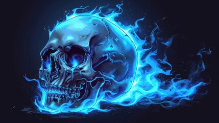Detailed and vibrant cartoonish skull with blue flames, isolated on a dark background - obrazy, fototapety, plakaty