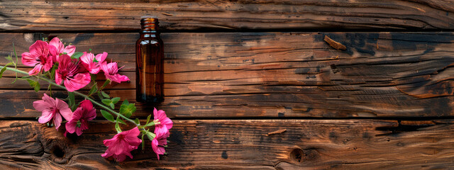 geranium essential oil in a bottle. Selective focus. - obrazy, fototapety, plakaty
