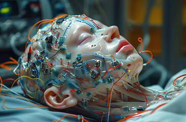 Conceptual image of a child with a cybernetic brain, depicting futuristic biotechnology and artificial intelligence with intricate wiring and electronic components.