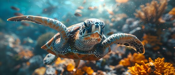 Fototapeta premium Underwater Beauty: A D Image of a Sea Turtle Swimming Among Corals in the Red Sea. Concept Underwater Photography, Sea Turtle, Coral Reefs, Red Sea, Marine Life