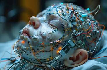 Conceptual image of a child with a cybernetic brain, depicting futuristic biotechnology and artificial intelligence with intricate wiring and electronic components.