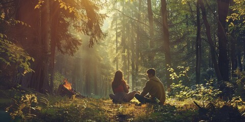 A couple of hikers in the woods with a tent are sitting around a campfire. Recreation in nature.