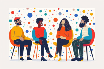 Three diverse cartoon characters sitting on chairs against a playful dotted background, depicting a casual meeting or a creative brainstorming session.