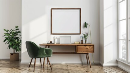 An empty white framed hangs on the wall above the desk in a home office. Wood and green accents decorate the space,