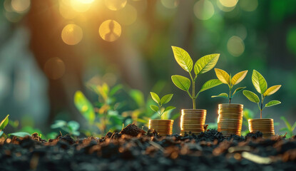 Conceptual image of financial growth with stacks of coins and young plants sprouting on fertile soil, illuminated by warm sunlight filtering through a green forest backdrop. - obrazy, fototapety, plakaty