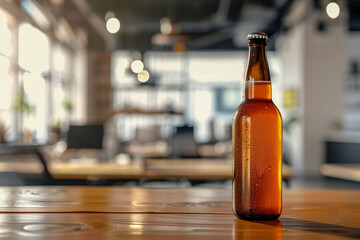 A bottle of beer sits on a wooden table in a dimly lit room