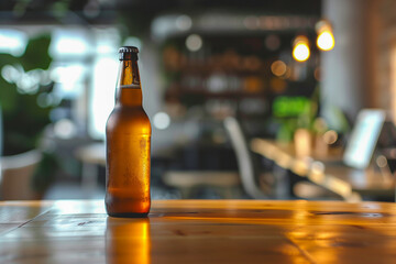 A bottle of beer sits on a wooden table in a dimly lit bar