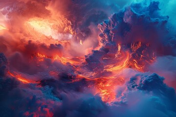 volcanic landscape With smoke and molten lava floating amidst the fiery beauty. - obrazy, fototapety, plakaty